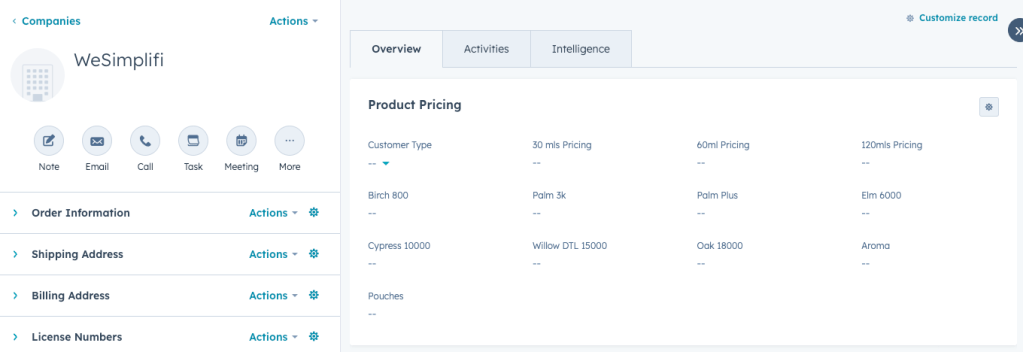 Each Product Category is a number field type using a currency format